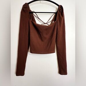 Reformation Brown Ribbed Long Sleeve Cropped Open Back Top